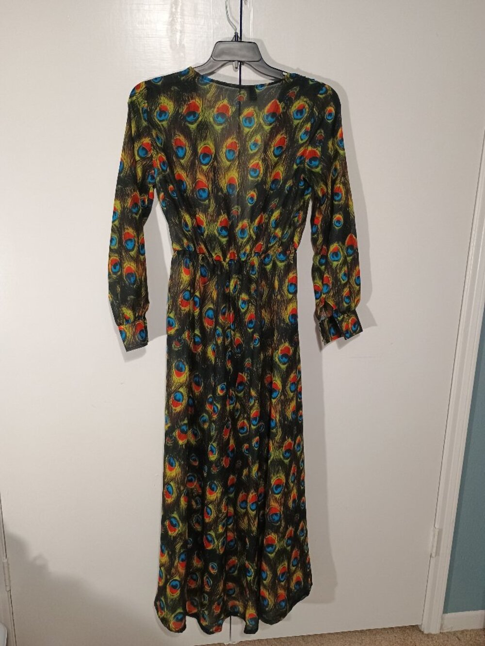 Miss Ord Peacock Feather Print Maxi Dress Deep V Boho Long Sleeve - Picture 9 of 15
